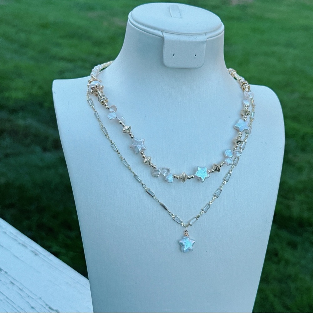X628 Handmade Freshwater Baroque Star Pearl Dainty Double Layer Necklace - Picture 2 of 9